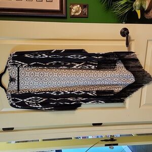 COTTON EXPRESS BLACK and WHITE FRINGE OPEN FRONT CARDIGAN